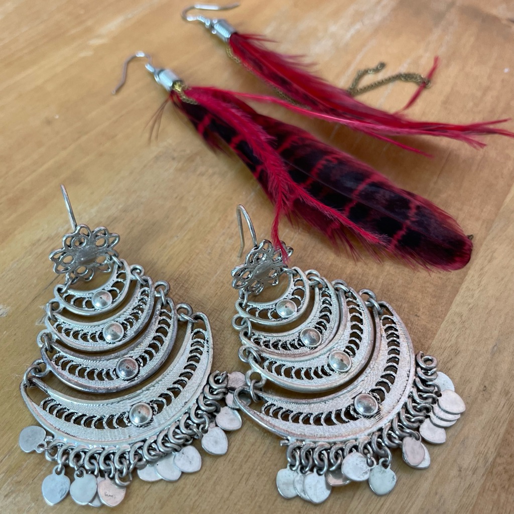 Set Of Two Silver And Red Feather Earrings (Two Pieces)